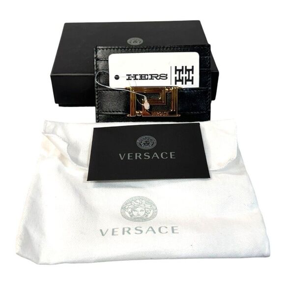 NWT Versace Greca Goddess Greek Key Logo Black Leather Card Holder Wallet $350 - Picture 1 of 7